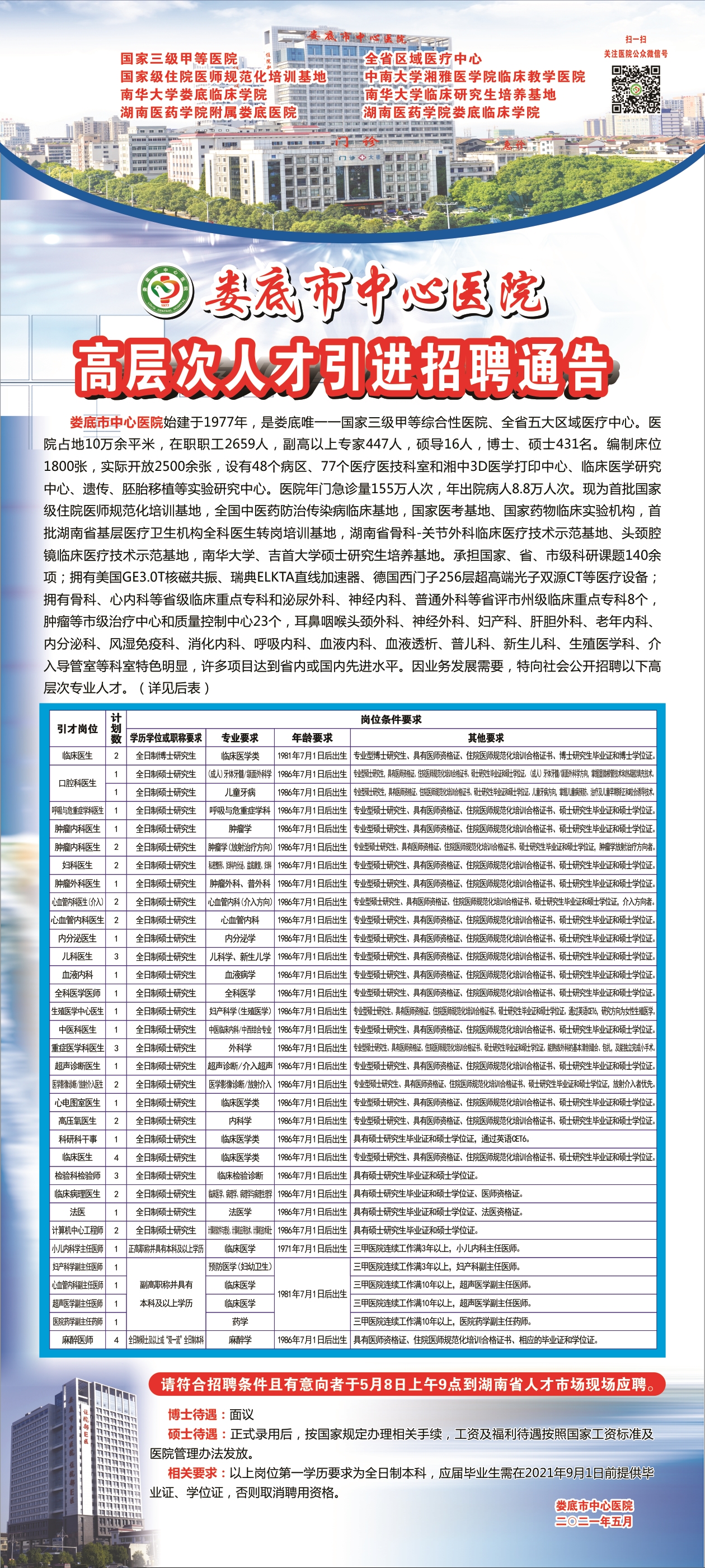 娄底市中心医院高层次人才引进招聘通告