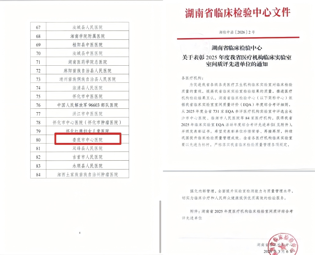 三连冠！娄底市中心医院再获全省临床检验室间质评先进单位